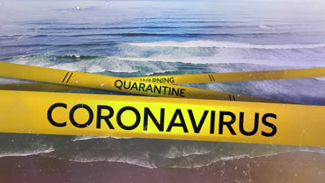 digital composite video of yellow tapes with warning quarantine coronavirus text against beach