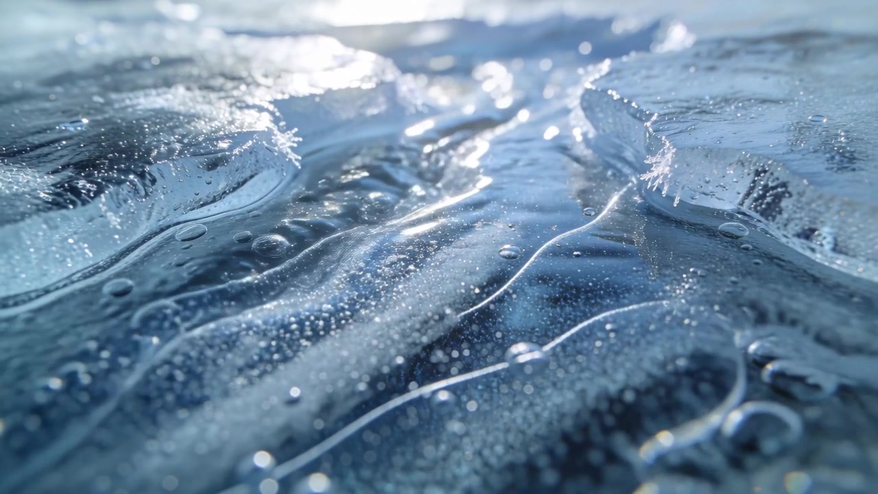 Camera pushing forward, ice ridges releasing meltwater and bubbles in macro view from sun warming