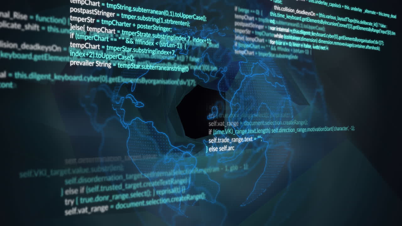 Animation of data processing over spinning globe against black background