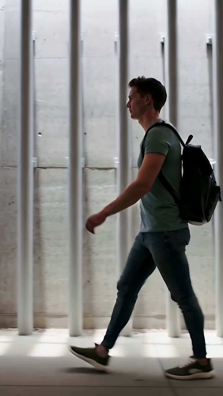 Video verticale: Un uomo adulto entra da sinistra nell'inquadratura, cammina in un corridoio, diretto a lezione con uno zaino.