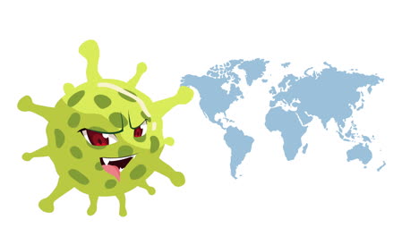 covid19 particle comic character with earth maps animation