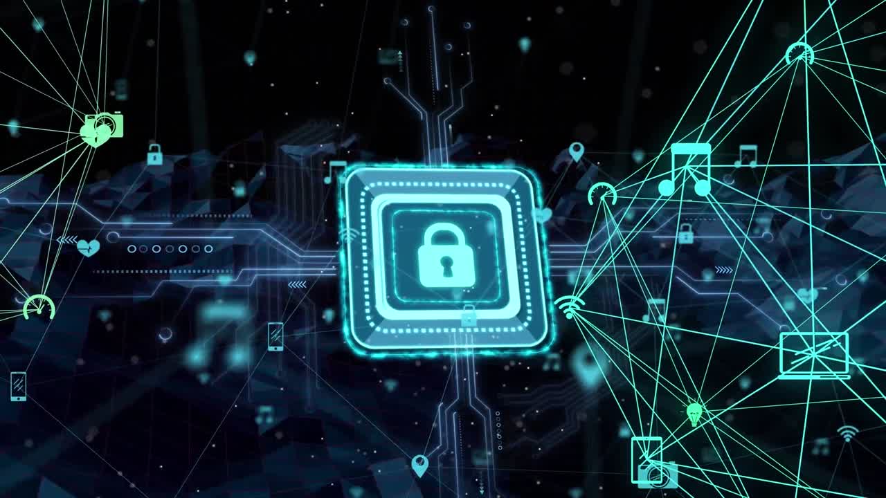 animación de las conexiones con el candado de seguridad en línea sobre la placa de circuitos informáticos