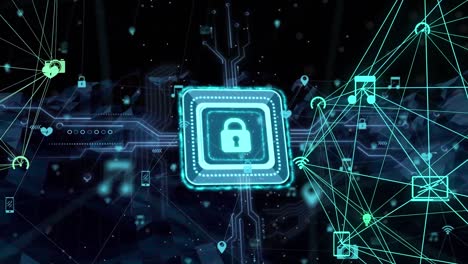 animación de las conexiones con el candado de seguridad en línea sobre la placa de circuitos informáticos