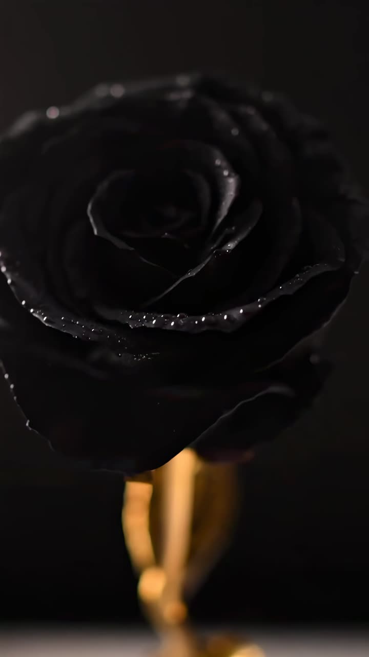 Video ravvicinato di una rosa nera con stelo dorato su sfondo scuro, ripreso lateralmente.