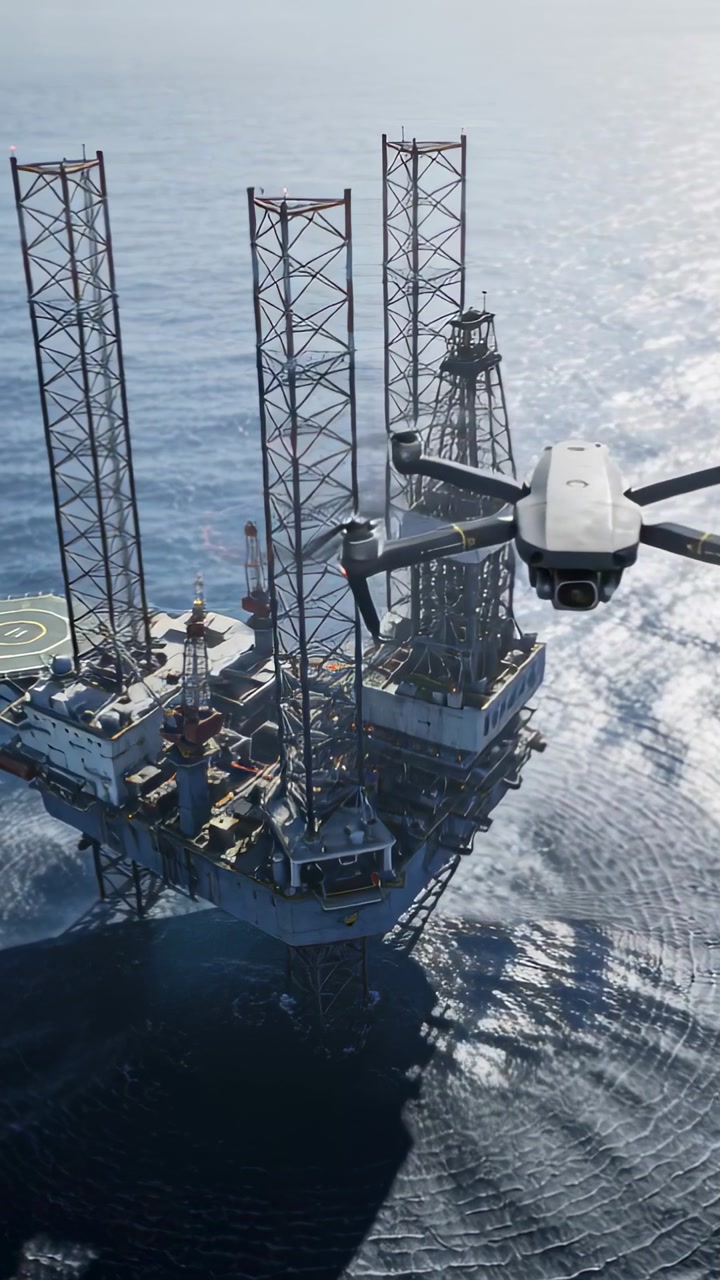 Vertical video: Approaching remote quadcopter drone inspecting jack-up rig, helipad, calm sea