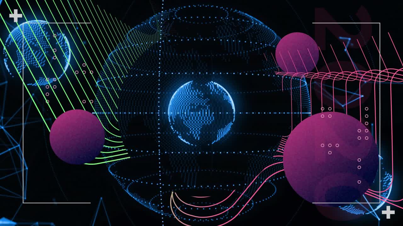 Void opening introducing globe globes orbiting, ribbons and magenta spheres pulsing mapping net