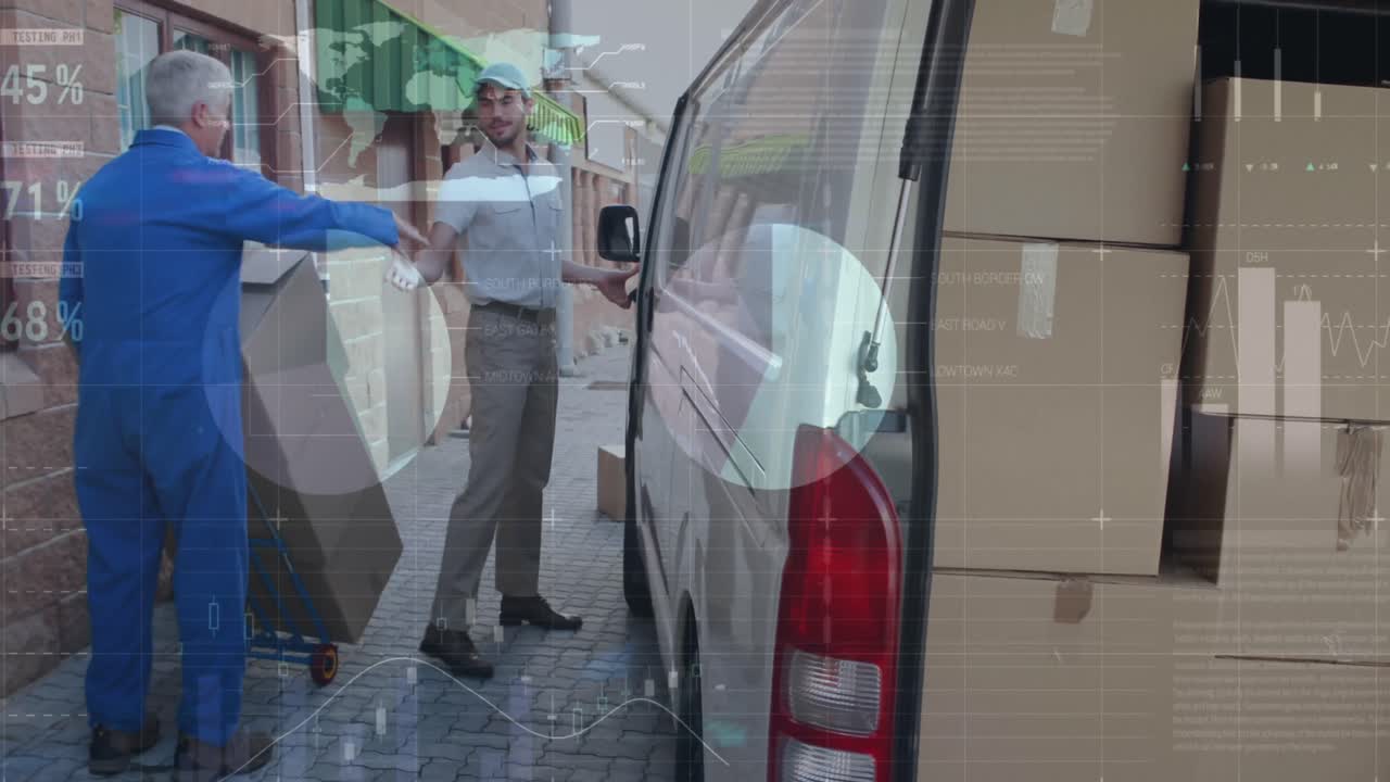 procesamiento de datos estadísticos contra el repartidor caucásico estrechando la mano con un trabajador masculino de alto nivel