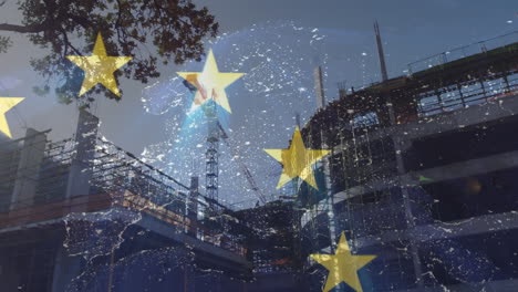 animation of flag of european union over construction site in city and network of connections