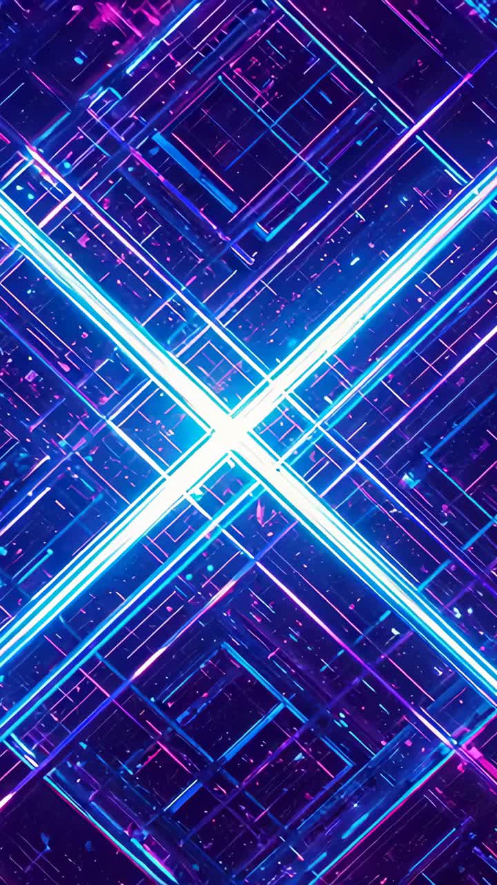Vertical video: Camera moving, cyan X pulsing inward in neon tunnel with squares creating depth