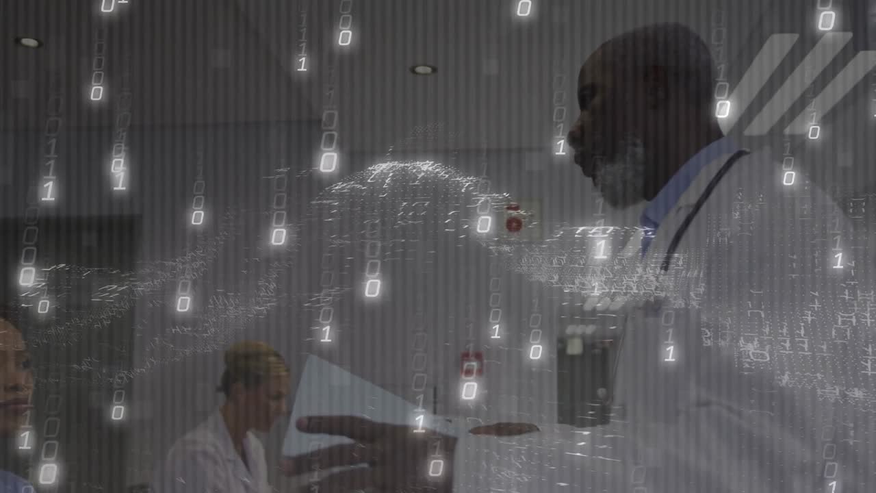 Senior male doctor reviewing chart, passing toward nurse in hospital as binary stream intensifying