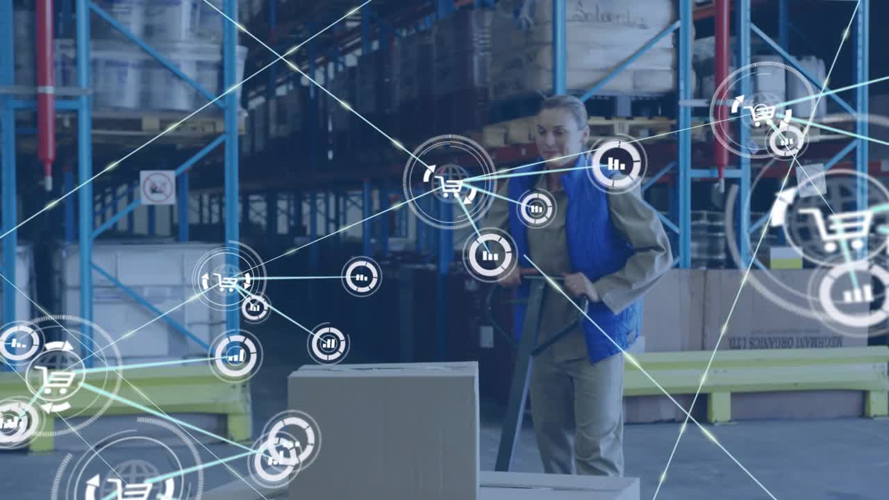 Logistics professionals pointing and activating network visualizing flow before using pallet jack