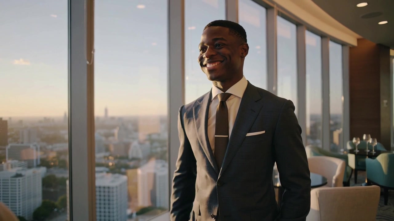 Offering hand with guest appearing suited man greeting smiling and starting chat in lounge by city