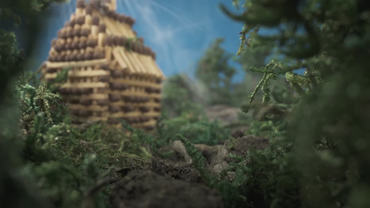 봄의 숲에서 연기에  ⁇ 불을 만드는 장면