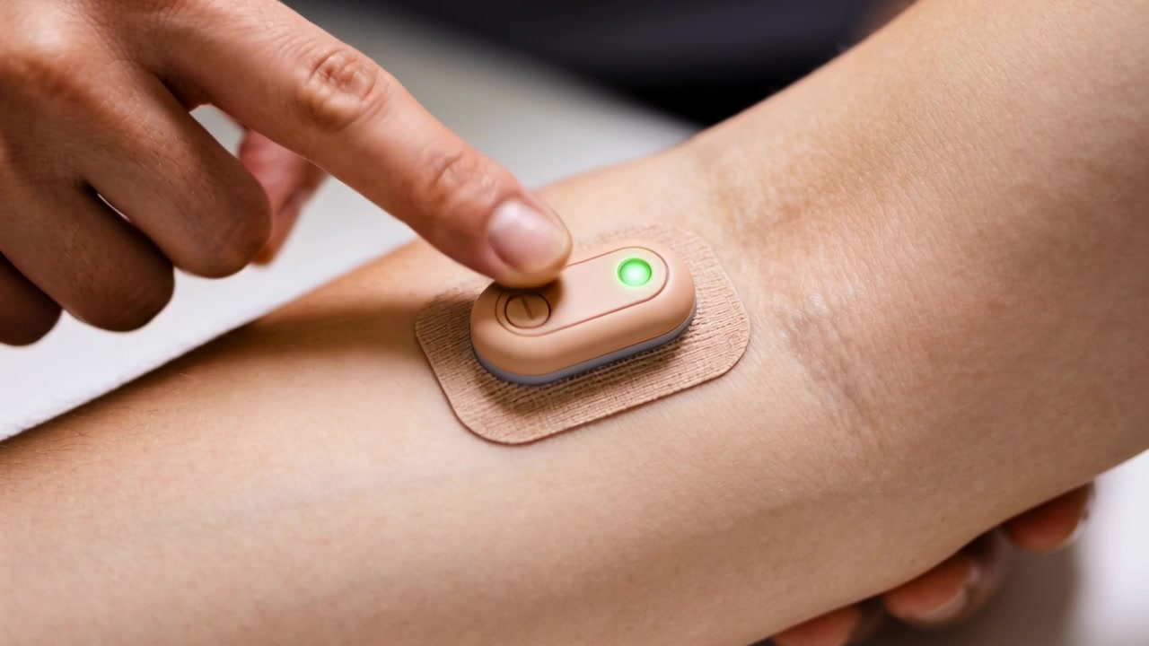 La punta del dito di una persona che preme attivando una patch beige sull'avambraccio per iniziare il monitoraggio, con LED verde