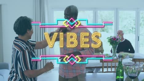 neon vibes text against african american senior couple dancing together at home