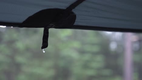 Gotas-De-Lluvia-Goteando-De-Una-Lona-En-El-Bosque,-Cierre-Estático