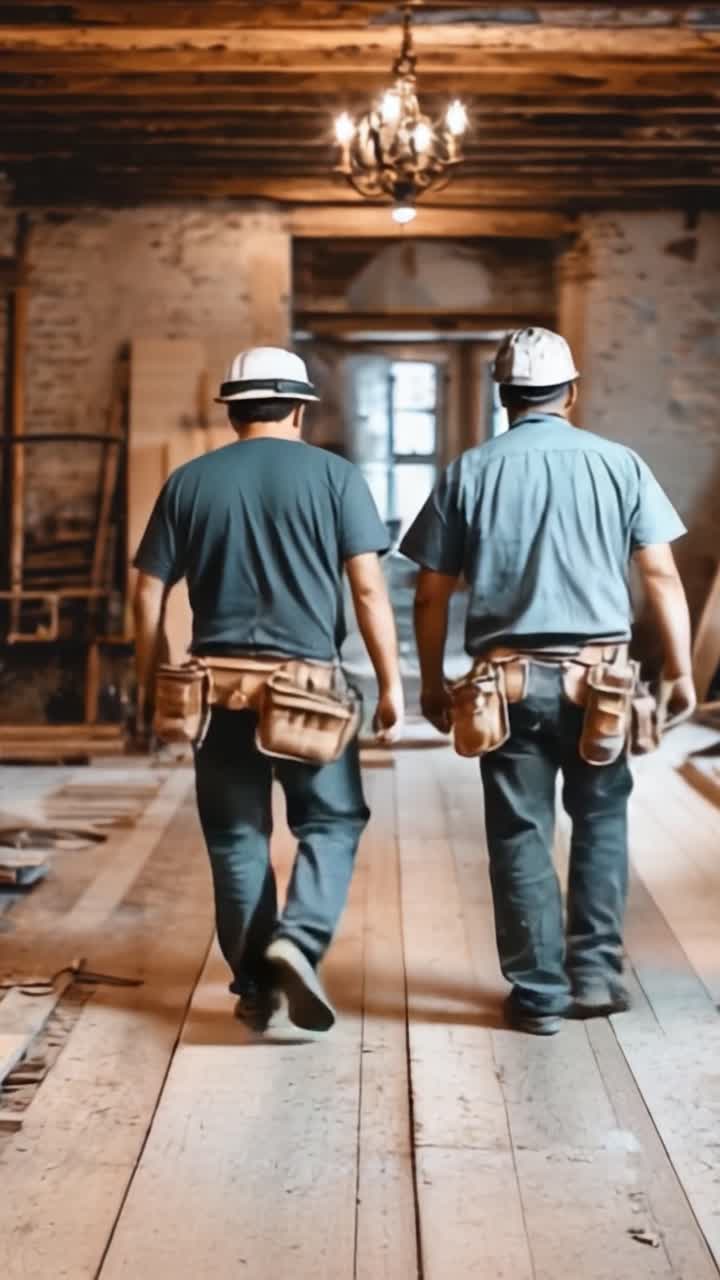Two Construction Workers Walking Together in a Wood-Floored Interior Space, Preparing for Their Next Project Task with Tools in Tow