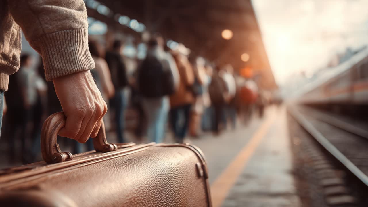 A traveler stands at a bustling train station, gripping their vintage suitcase tightly as the sun sets, illuminating the long queue of passengers waiting for their journey