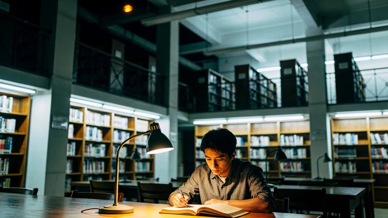 Calda lampada da scrivania che illumina uno studente asiatico che scrive, studiando da un libro aperto con una penna al tavolo da studio
