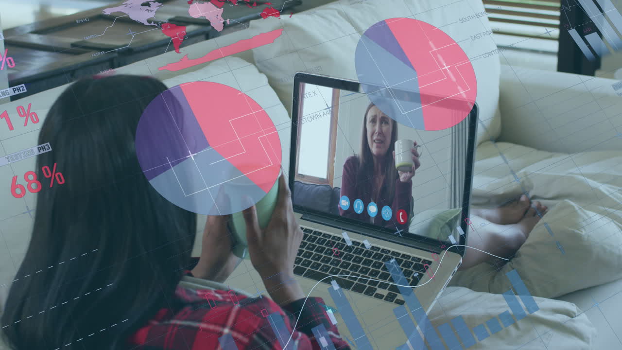 Animation of statistics recording over woman using laptop on video call