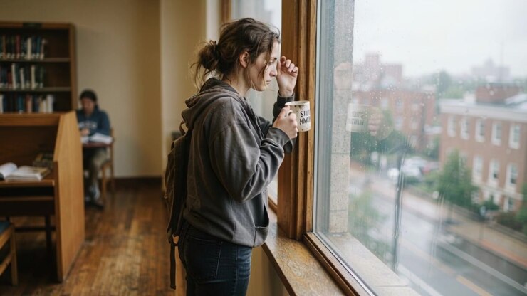 Pressing brow, woman in hoodie taking break in library, gazing through window sipping white mug