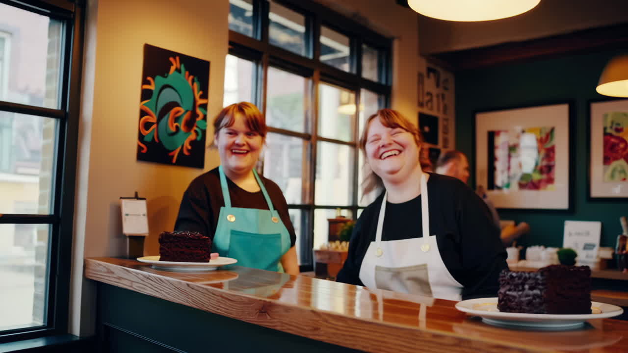 Happy Barista Serves Chocolate Cake to Customer in Cafe