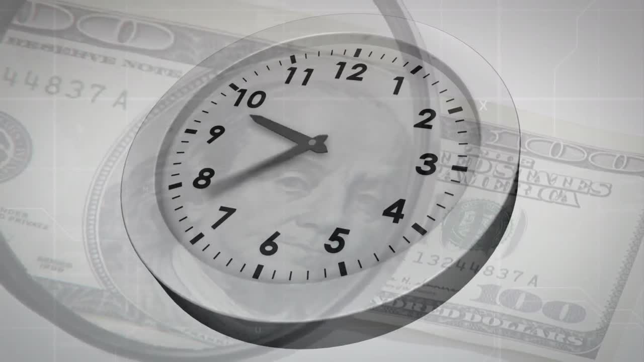 Animation of clock ticking and magnifying glass over american dollar currency banknote