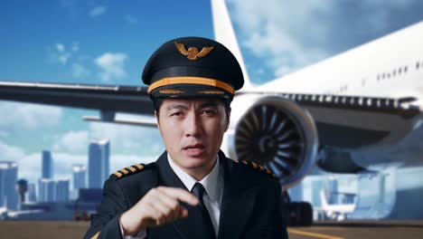 close up of asian man pilot shouting to camera while standing in airfield with airplane on background