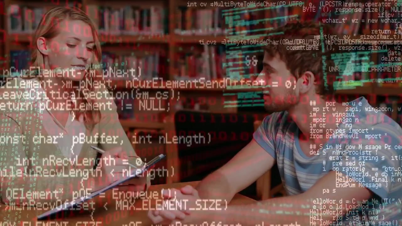 Animation of programming language over caucasian female teacher discussing with male student