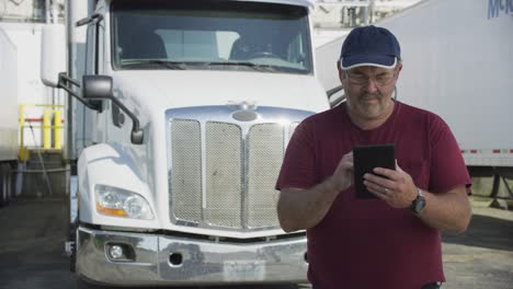 truck driver using digital tablet.