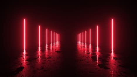 fondo futurista de ciencia ficción. luces de neón rojas brillando en una habitación con suelo de hormigón con reflejos de espacio vacío. alienígena, nave espacial, futuro, arco. progreso. animación 3d de bucle sin costuras.