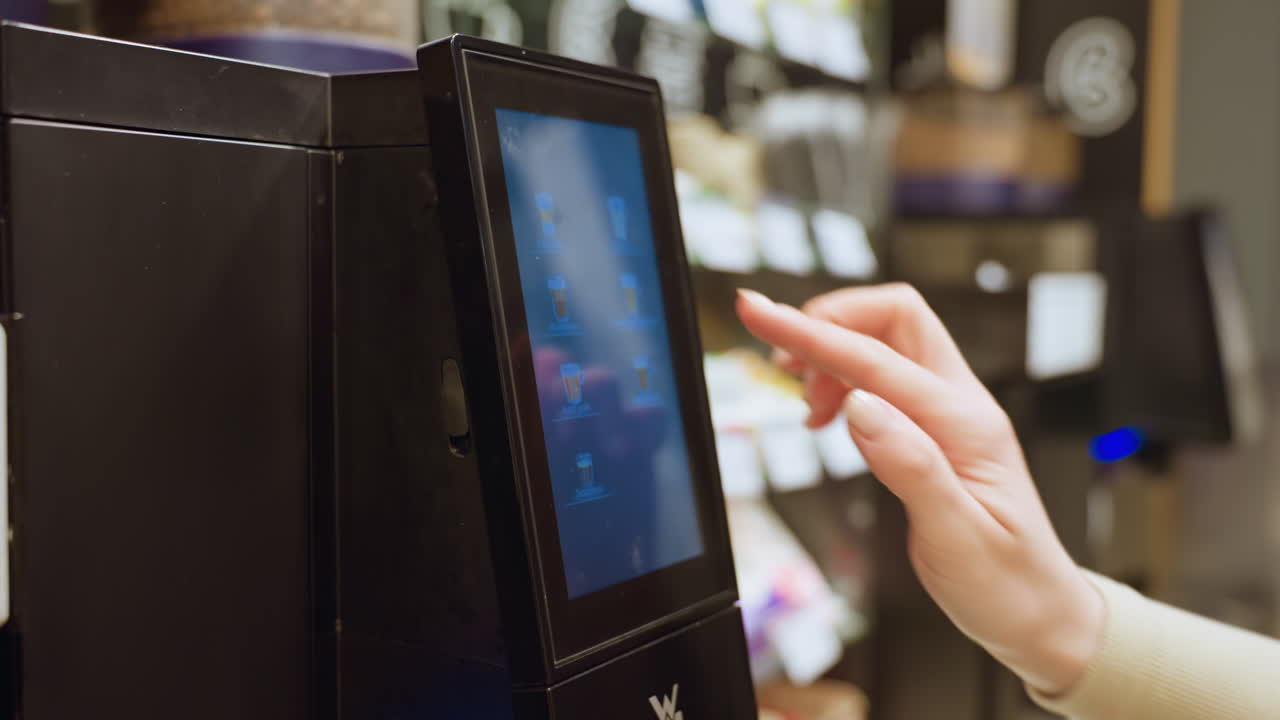 supermarket selfcheckout screen interaction customer hand tapping display, blurred shelves and product labels in background, contactless payment option highlighted, modern terminal with illuminated