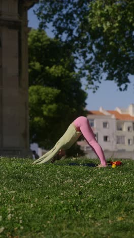 mujer practicando yoga en un parque