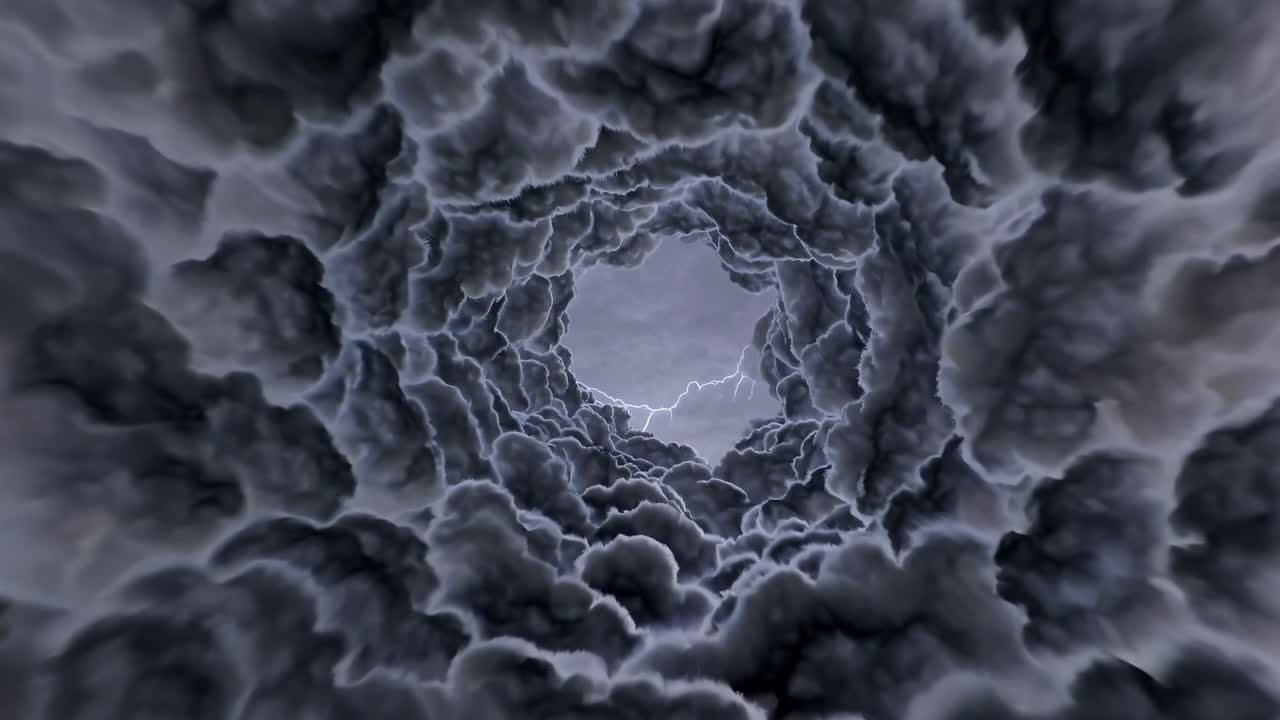 Swirling clouds form a mesmerizing tunnel effect, showcasing dynamic movement and depth, creating an immersive atmosphere of swirling gray and white textures
