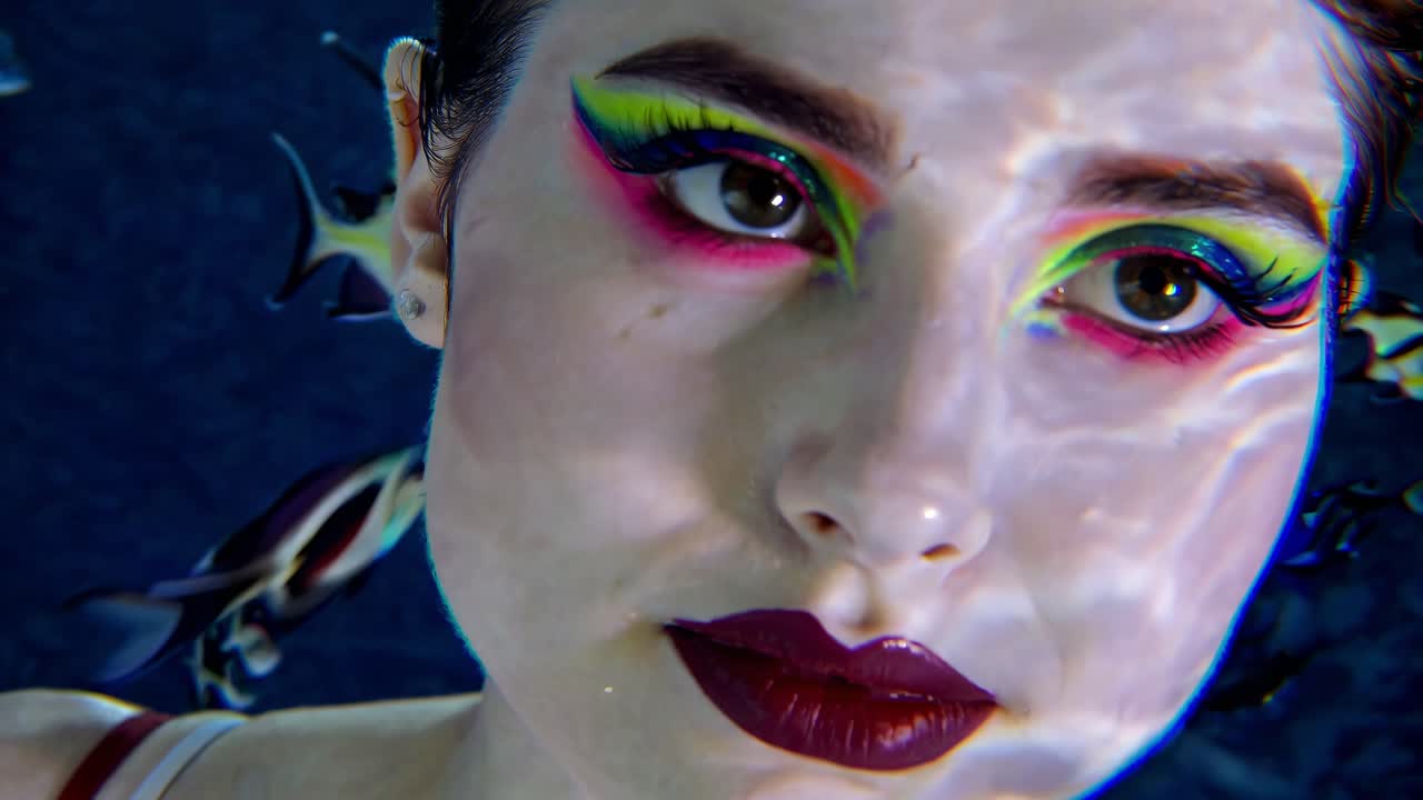 modelo femenino sereno con maquillaje vibrante e iridescente flotando sin peso bajo el agua, rodeado de pequeños peces nadando cerca de sus ojos cerrados