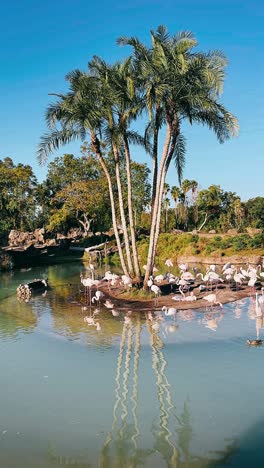 flamingos and palm trees by the pond