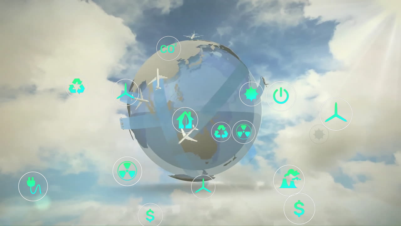 구름 과 함께 하늘 위 에 있는 비행기 들 을 가진 아이콘 과 지구 의 애니메이션
