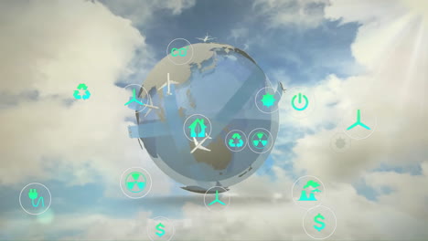 animation of icons and globe with planes over sky with clouds