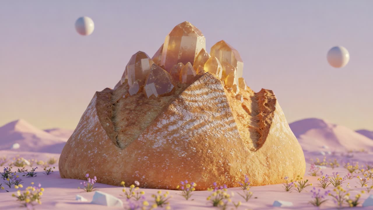 A stunning digital creation featuring a majestic mountain of vibrant, crystal-like formations rising from a soft, dessert-like landscape surrounded by scenic pastel hues