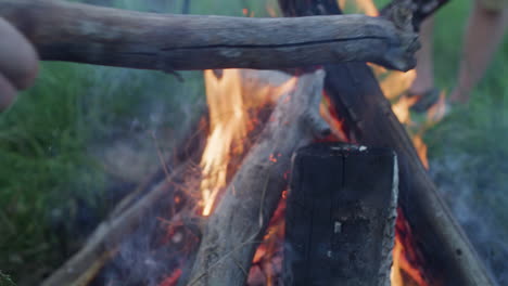 tipo persona hombre agregando troncos de leña al fuego de la fogata ardiendo en el atardecer noche en cámara lenta