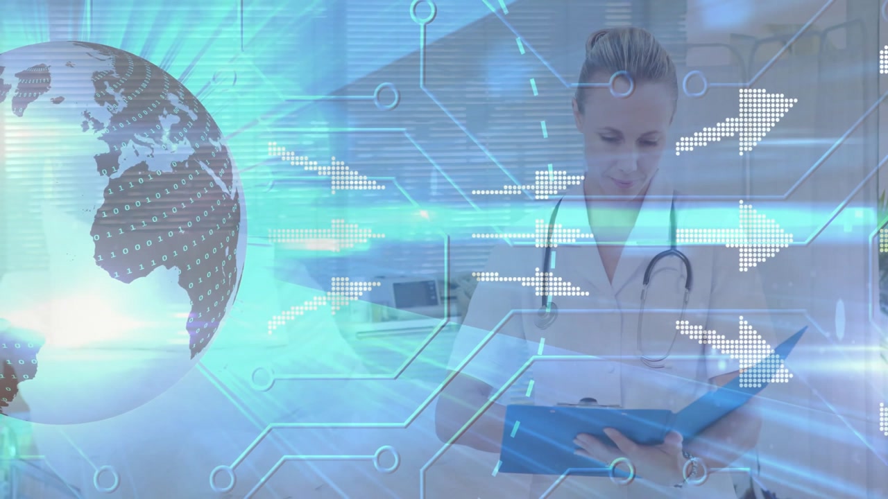Arrows streaming from 3D globe driving doctor annotating patient charts on clipboard in clinic