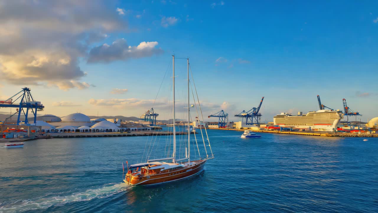 Sailboat in a busy port