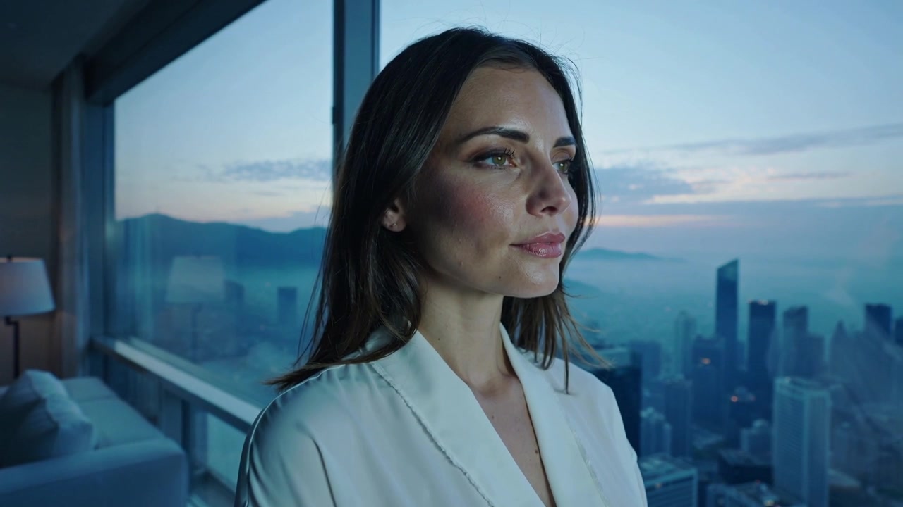 Camera moving closer, woman wearing white blouse closing eyes and reflecting by corner window