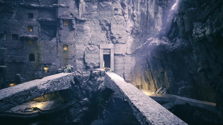 Un esploratore scopre un'antica camera sacra che brilla alla luce del fuoco e avvolta dal mistero