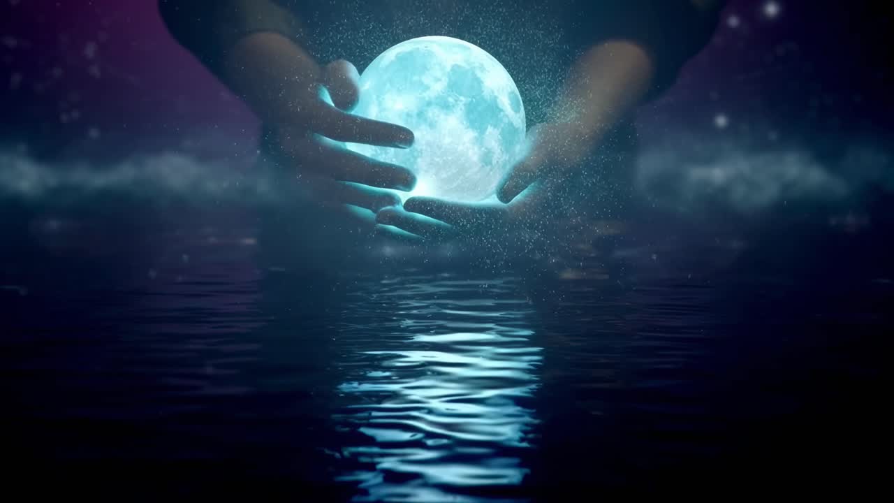 Concetto video surreale con mani che reggono una luna luminosa sopra l'acqua, ripreso da un'angolazione bassa