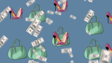 Animation-of-banknotes-and-shoes-icons-on-blue-background