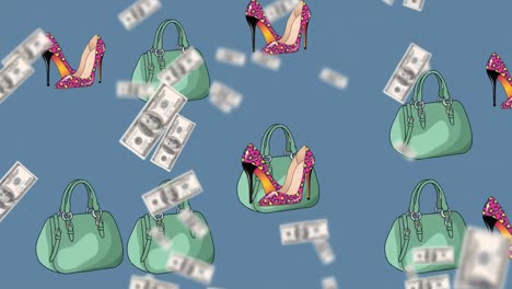 animation of banknotes and shoes icons on blue background