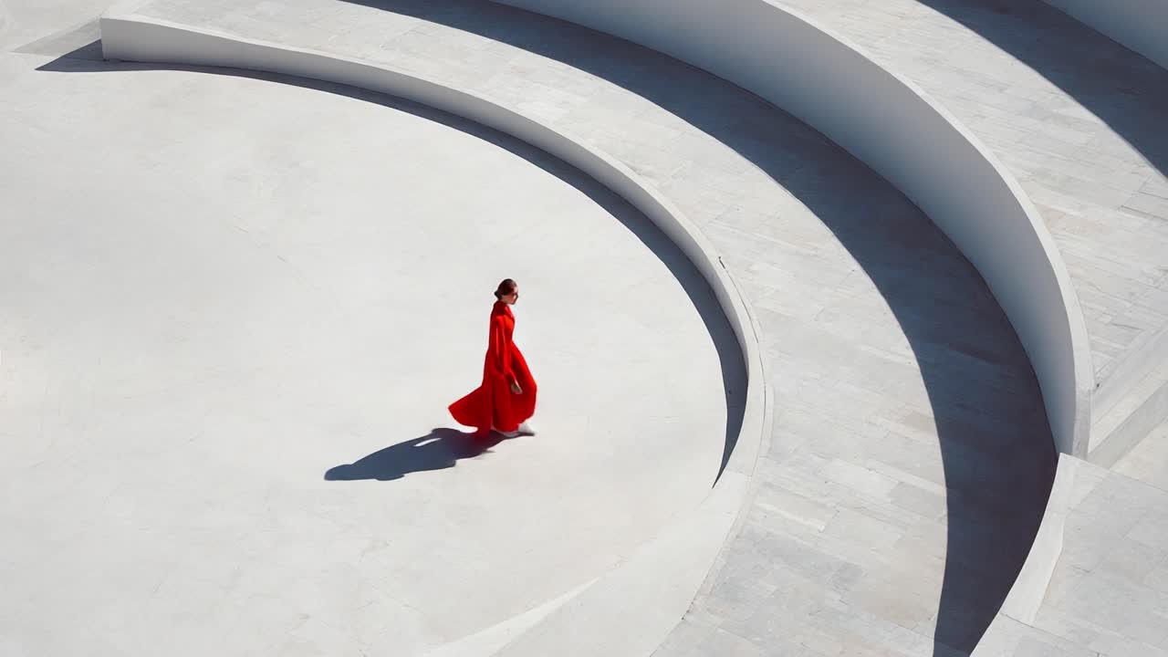 A striking figure adorned in a vibrant red dress gracefully walks along a meticulously designed architectural space, showcasing elegance and movement against a minimalist backdrop of smooth white surfaces and gentle curves