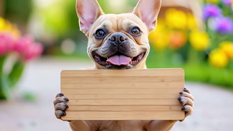 a dog holding a wooden sign in front of a flower garden