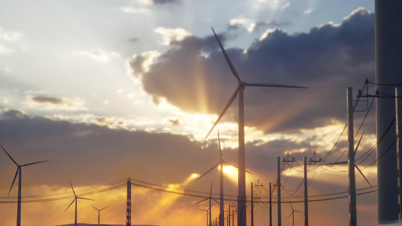 Vindkraftspark vid solnedgången